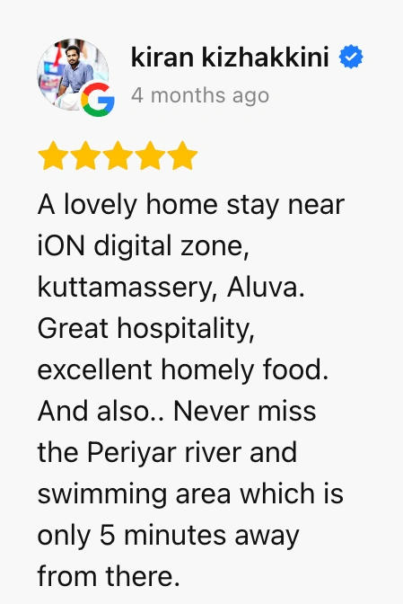 homestay near iON digital zone, kuttamassery, aluva, homely food, periyar river view, swimming area